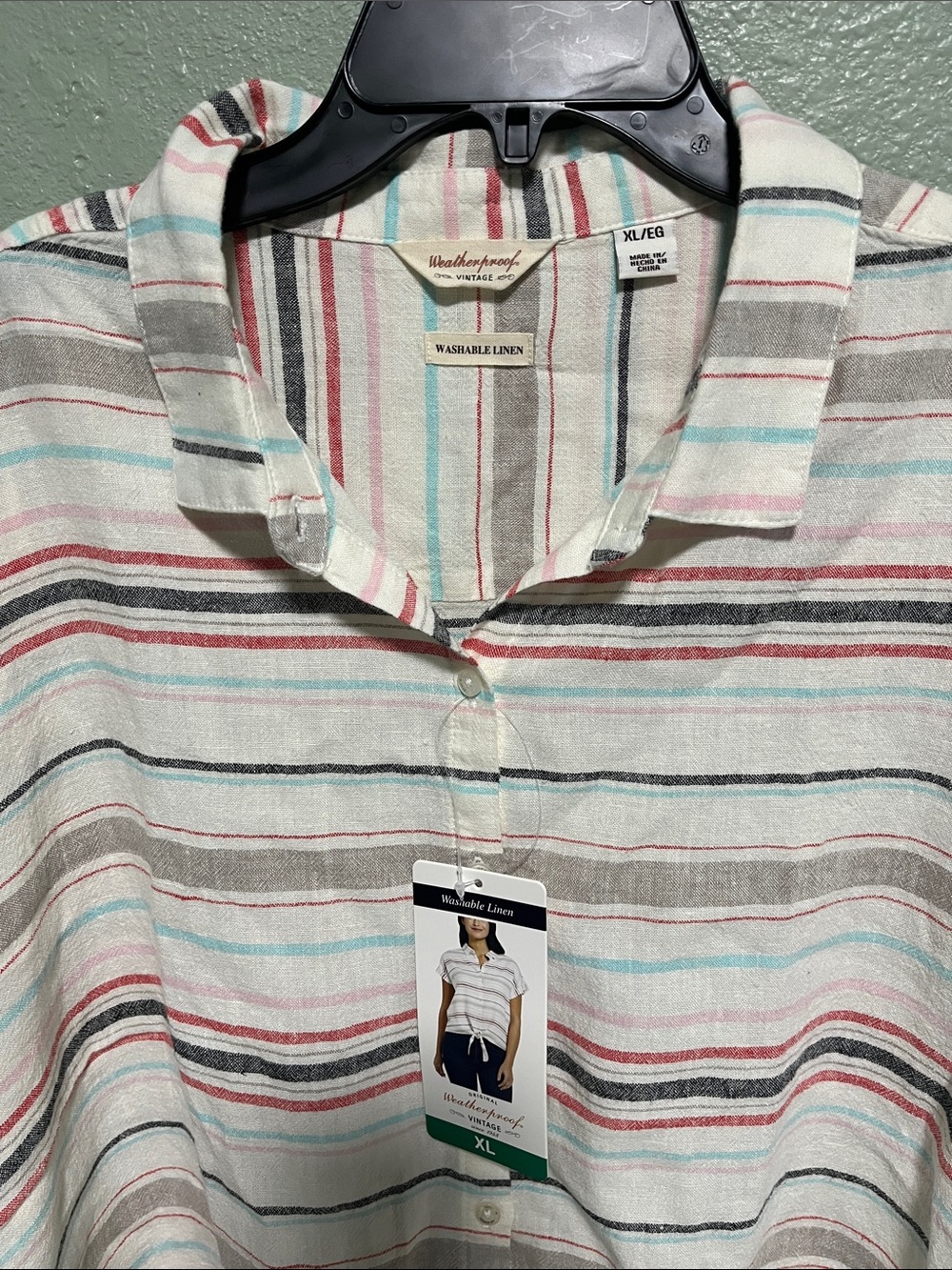 Weatherproof Striped Button-Up Linen Blend Blouse in White, Red & Teal - Picture 3 of 5
